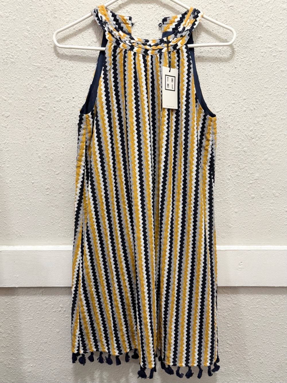 THML Women’s Dress Sydney Chevron Halter Fringe Hem Zigzag Yellow Blue Size XS - Picture 1 of 6